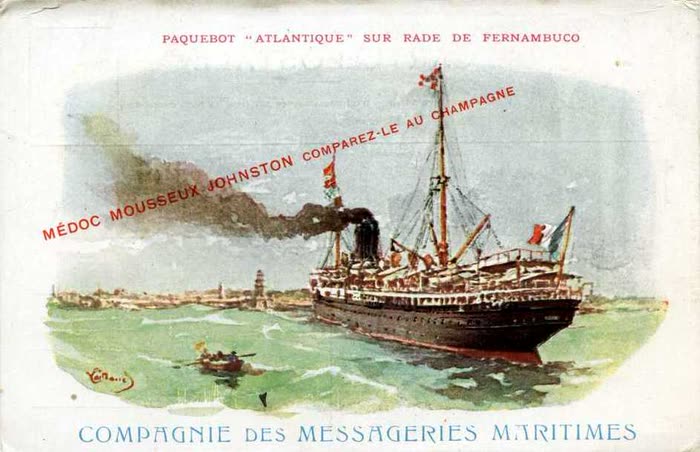 Affiche ancienne « Médoc Mousseux Johnston » représentant un paquebot